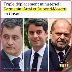 Les ministres Gérald Darmanin, Gabriel Attal et Eric Dupont-Moretti en Guyane le 30 septembre
